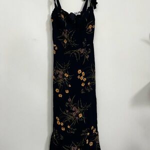 Reformation Black/Navy Maxi Slip Dress with Yellow Floral Accents